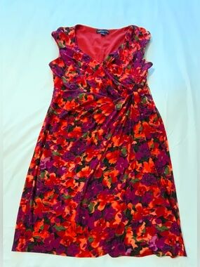 American Living Floral V-Neck Faux Wrap Dress in Red and Purple